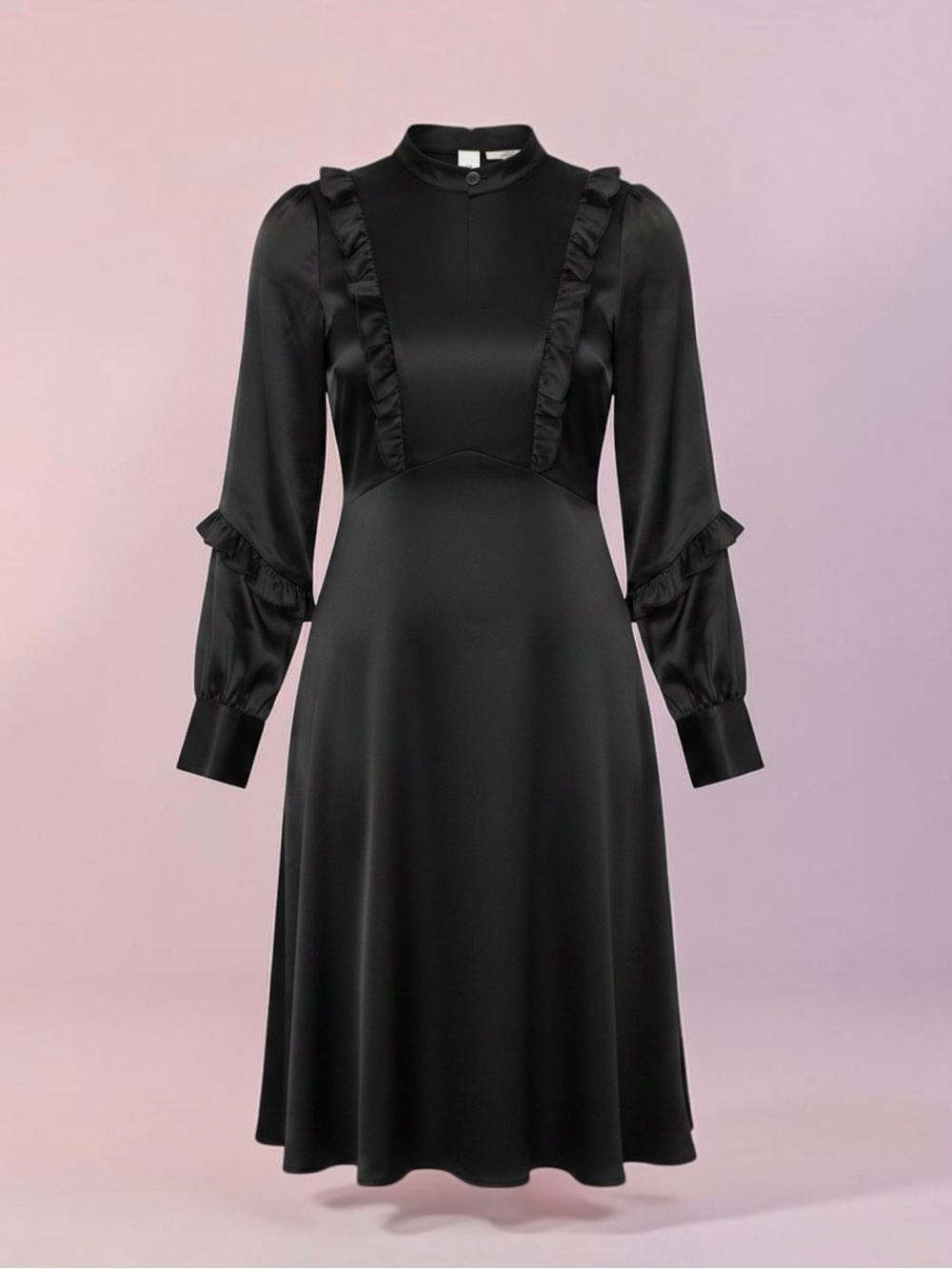 YAS Black Satin Ruffle Trim Long Sleeve Midi Dress L